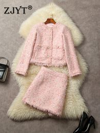 ZJYT Winter Dress Sets 2 Piece for Women Pink Party Outfit Single Breasted Tweed Woollen Jacket Skirt Suit Elegant Lady 231225