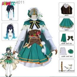 Costumes Anime Costumes ANIMECC Venti Genshin Impact Cosplay Come Wig Cloak Fe Suit Anime Game Halloween Party Outfit for Women Girls XSXX