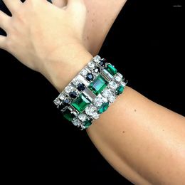 Bangle Stonefans Green Exaggerate Wide Bracelet Wedding Accessories Luxury Design Square Rhinestone Hand Women Jewelry