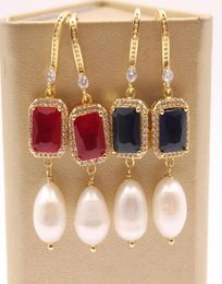 GuaiGuai Jewellery Freshwater White Rice Pearl Rectangle Shape Crystal Gold Plated Cz Pave Hook Dangle Earrings Handmade For Women1535125