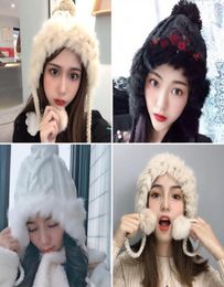Rabbit Fur Hat Knitted Trapper Cony Hair Cute POMPON Earflaps Winter Warm Wool Trendy Girls Cap Womens Fashion Hat with String14229258849