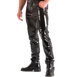 Latex Mens Pants Shiny Wet Look PU Leather Fashion Tight Trousers for Club Stage Show Rock Band Performance 231225