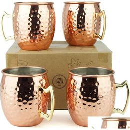 Mugs Moscow Me Mugs Large Size 19Oz 530Ml Hammered Cups Stainless Steel Lining Pure Copper Plating Gold Brass Handles 3.7 Inches Diame Otgto