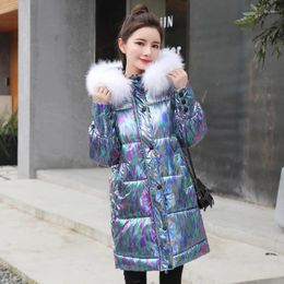 Women's Trench Coats Glossy Winter Jacket Women 2023 Warm Long Parka Fur Collar Coat Cotton Hooded Ladies Puffer Elegant Mujer