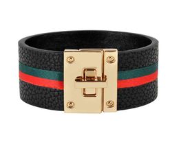 Kirykle Women Cuff Leather Bracelets Red Green Ribbon Bangles Simple Steel Lock Design Wide Charm Punk Female Jewelry5943229