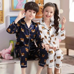 Pyjamas Summer/SpringToddler Baby Boys Girls Pyjamas Set Cartton Bear Printed Satin Silk Tops with Pants Sleepwear Children's Clothing Set