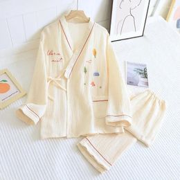 Women's Sleepwear 2023 Japanese Kimono Suit Pyjamas Spring And Summer Ladies Cotton Long Sleeves Embroidery Home Clothes Two Piec Set Woman