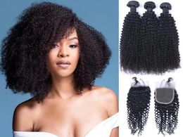 Wefts Brazilian Kinky Curly Human Hair Weaves with Closures Double Weft Dyeable Preplucked Natural Hairline