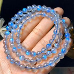 Bangle Natural Labradorite Blue Light 3 Laps Bracelet 6mm Women Men Clear Round Beads Necklace Grey Moonstone Stone AAAAA