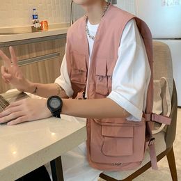 Men's Vests 2024 Men Summer Fashion Loose Casual Sleeveless Jackets Male Multi Pocket V-neck Waistcoat Mens Solid Colour Cargo Vest D728