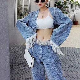 Women's Pants Spring 2023 Two-piece Set With Fringed Long-sleeved High-waist Short Denim Straight Jeans Fashion Suit