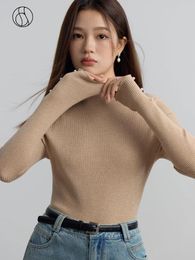 Women's Sweaters DUSHU 7.1% Wool Gentle Temperament Half Turtleneck Bottoming Shirt Slim Winter Women Black Sweater Cuff Pearl Design