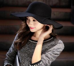 Soft Wool Women Hat Vintage Wide Brim Dom Hats Bowknot Ladies Floppy Felt Fedora Cap Stingy9842143