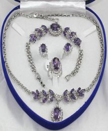 whole pretty Purple crystal Silver Necklace Bracelet Earrings Ring Gemstone Jewellery Sets6417308