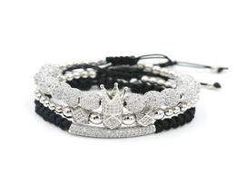 Charm Bracelets 3pcsSet Luxury Crown Bracelet Men Hip Hop Silver Colour Micro Pave CZ Ball For Women Couples Pulseira Bileklik6638402