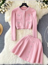 SINGREINY Japan Style Pearls Knit Suits Hidden Breasted Pockets CardiganMini Pleated A Line Skirt Women Sweet Streetwear Sets 231225