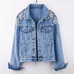 Women's Jackets Women Pearl Beading Short Denim Turn-down Collar Jean Jacket For Loose Casual Long Sleeve Vintage Coat Female