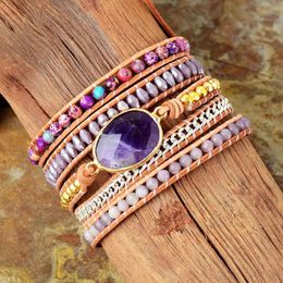 Bangle Women Leather Wrap Bracelets W/ Japsers Stone Beaded 5 Layers Statement Strand Chain Bracelet Bohemian Jewelry Wholesale