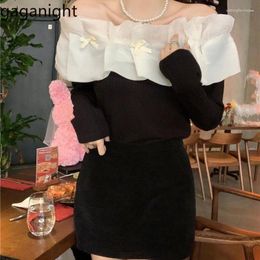 Women's Sweaters Gaganight Women Slash Neck One Shoulder Handmade Bow Shirt 2023 Spring Korean Chic Splice Retro Gentle Sweet Knitted Top