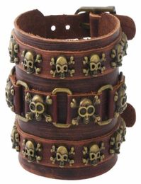 Gothic Punk Vintage Hiphop Skull Rivet Bead Bracelet Brown Pirate Skeleton Charm Wide Leather Bangle Belt Wristbands Accessories Y6155469