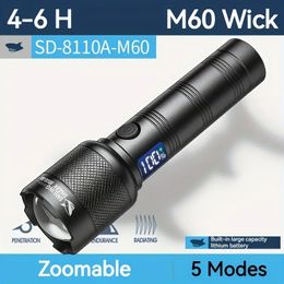 1pc USB Rechargeable Flashlight, 5 Modes Tactical LED Flashlight With Power Display, High Lumen IPX65 Water Resistant Zoomable Flashlight, For Camping, Outdoor Hiking