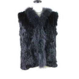 Fur Harppihop*Free shipping womens natural real rabbit fur vest with raccoon fur collar waistcoat/jackets rabbit knitted winter