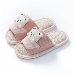 Slippers Cute Bear Linen Female Four Seasons Home Comfort Floor Shoes Couple Cartoon Dew-Toe Breathable One Word
