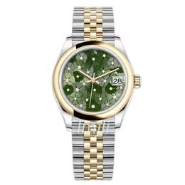 Ladies Mechanical Watch 31mm women watches Green Flower Dial Sliver gold Stainless Steel Strap260O