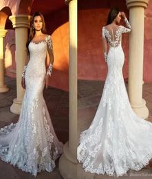 Modern Mermaid Wedding Dresses 3D Appliqued Lace Sheer Neck Long Sleeve Bridal Gowns Illusion Wedding Dress robe de6098135