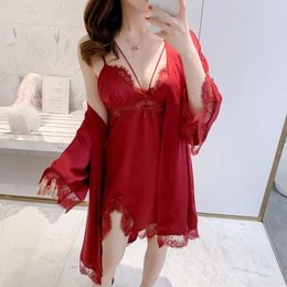 Women's Sleepwear Women Sexy Robe Two Piece Set With Lace Faux Silk Bathrobe Burgundy Satin Kimono Gown Perspective Nightgown Lingerie