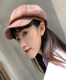 Autumn femme korean beret Retro plaid French design art hat women British style Casual Octagonal Newsboy Painters cap peaked cap483728085