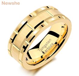 Newshe Mens Tungsten Carbide Ring 8mm Yellow Gold Colour Brick Pattern Brushed Bands For Him Wedding Jewellery Size 913 Y11283443912