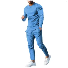 Men's Tracksuits Men Solid Colour Autumn Two-Piece Suit Round Neck Long-Sleeved T-Shirt Long Sweatpants Casual Fit Showing Mature Charm