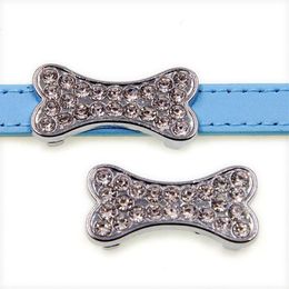 Whole rhinestone dog bone zinc alloy 10mm slider Charms DIY Accessories Fit 10mm Pet Collar wristband SL508268D