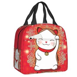 Cute Maneki Neko Waving Insulated Lunch Tote Bag for Women Japanese Lucky Cat Resuable Thermal Cooler Bento Box Camping Travel 231226