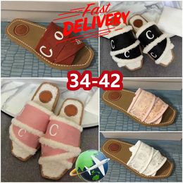 Sandles Designer slides womens lady woody fluffy flat mule slide beige white pink lace lettering canvas fuzzy fur slippers summer shoes