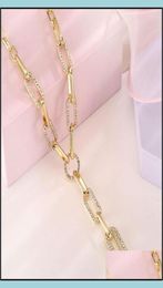 Chains Necklaces Pendants Jewelry Gold Sier Color Paper Clip Thick Chain Necklace Female Sweater Aessories Shiny Rhinestone Stit6275345