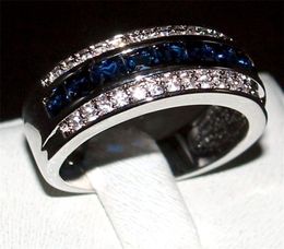 Luxury Princesscut Blue Sapphire Gemstone Rings Fashion 10KT White Gold filled Wedding Band Jewellery for Men Women Size 8910115975730