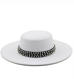 Large Wide Brim Faux Wool Pork Pie Boater Flat Top Fedora Hat with Rivet Pearls Black White Party Panama Trilby Cowboy Cap5291602