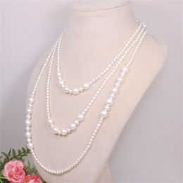 Hand Knotted elegant 3-4-8-9-10mm white freshwater pearl necklace long 127cm