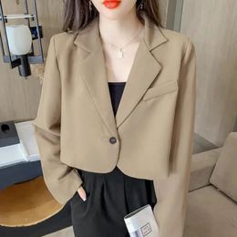 Korean Fashion Cropped Blazers Jacket Women Long Sleeve Office Ladies Streetwear Solid Colour Single Button Short Suit Coat 231225