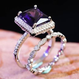 2pcs set Luxury Women's Wedding Rings Large Purple Square Stone Crystal Engagement Party Couple Jewellery Accessories Gift276H