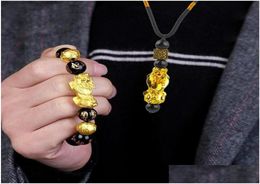 Charm Bracelets Charm Bracelets 1 Set Black Obsidian Stone Beads Bracelet Necklace Wealth Good Luck Jewellery Gift For Birthday YearDhvbn9640994