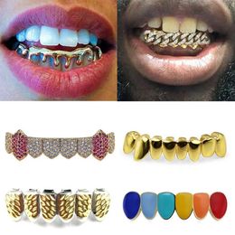 18K Gold Teeth Braces Punk Hip Hop Multicolor Diamond Custom Bottom Teeth Grillz Dental Mouth Fang Grills Tooth Cap Vampire Rapper228f