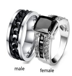 Sz612 TWO RINGS Couple Rings His Hers Agate 10k White Gold Filled Women039s Ring Turnable Black Chain Stainless Steel Mens R8756686