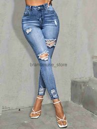 Women's Jeans Blue Ripped Holes Skinny Jeans Slim Fit High Stretch Distressed Tight Jeans Women's Denim Jeans Clothing J231226