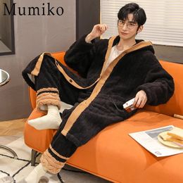 Thick Coral Fleece Sleepwear Winter Pyjamas Jumpsuits Men Warm Thicken Cartoon Sleepwear s Men's Pyjamas Hoodie 231226