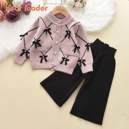 Bear Leader Bow Baby Sweatshirt Pants 2pcs Set Children Knitting Outfit for 2-6Years Kids Tracksuit Winter Girls Clothes 231225