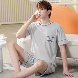 Men's Sleepwear Large Size L-5XL Men Pyjamas Sets Summer Knitted Cotton Short Sleeve Pyjama For Suit Homewear