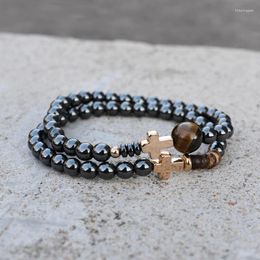 Strand 2023 Design Vintage Cross Bead Bracelet Set Men 8mm Hematite Beaded Charm For Jewellery Gift
